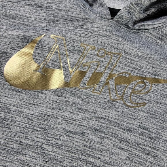 Nike Sweatshirt Hoodie Girls Sz L Gray Gold Logo Thumbholes Long Sleeve Pocket - Picture 2 of 8